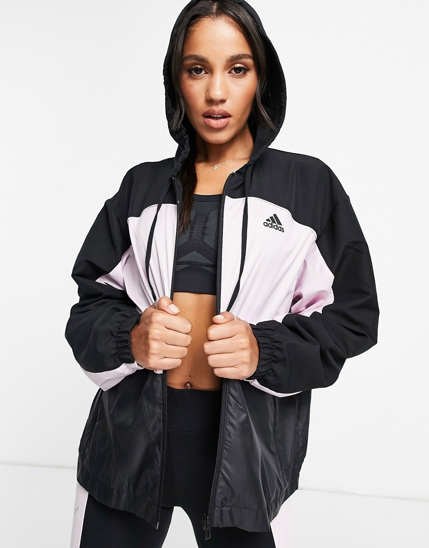 adidas Training hoodie with pink colour block in black