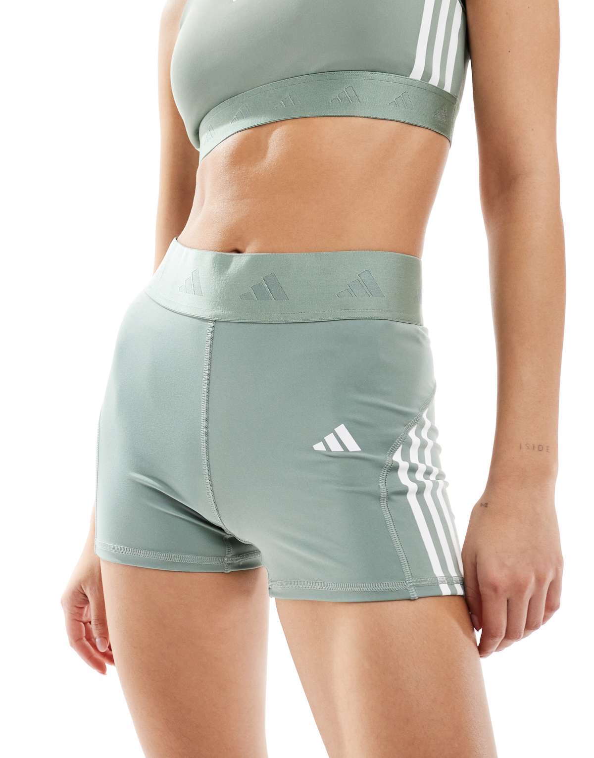 adidas Training Hyperglam 3 inch booty shorts in silver green