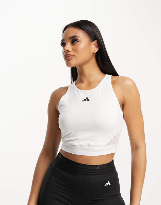 adidas Training Hyperglam 3 stripe crop top in white