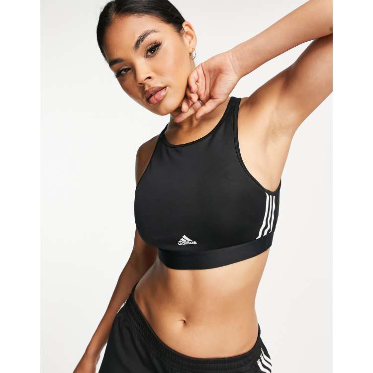 adidas Training Hyperglam 3 stripe light support sports bra in black