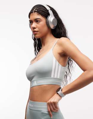 adidas Training Hyperglam 3 stripe light support sports bra in sage-Green