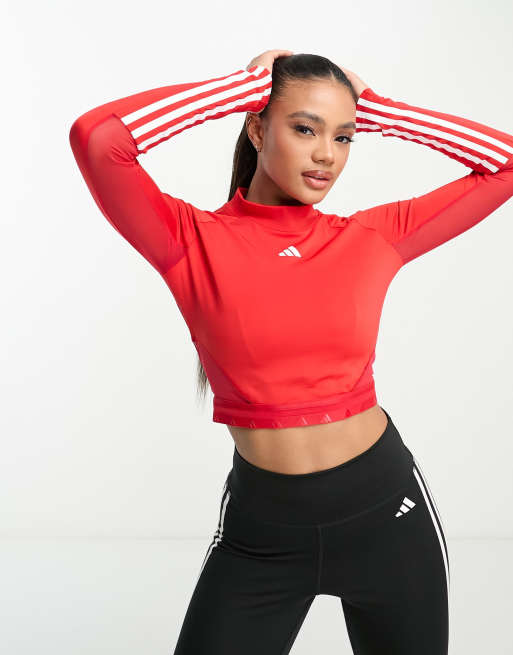 Cra wallonieShops adidas Training Hyperglam 3 stripe long sleeve crop top in red adidas d lillard 1 independence day