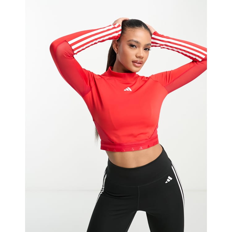 adidas Training Hyperglam 3 stripe longsleeve crop top in red