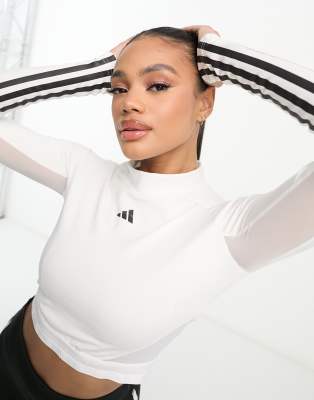 adidas Training Hyperglam 3 stripe longsleeve crop top in white