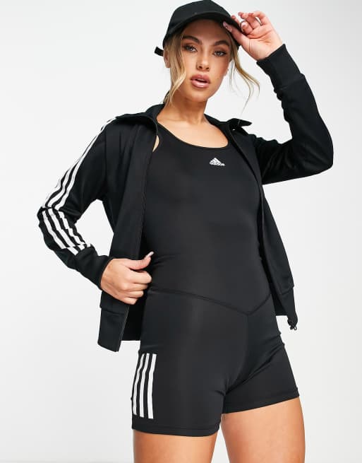 adidas Training Hyperglam 3 stripe playsuit in black