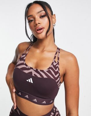 adidas Training Hyperglam panelled zebra print mid-support sports bra In burgundy - ASOS Price Checker