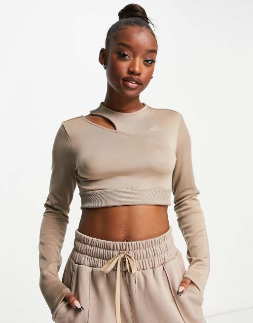 adidas – Training – Hyperglam – Brun crop top med långa ärmar och utskuren detalj