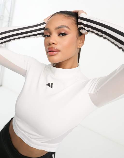 adidas - Training Hyperglam - Crop top bianco a maniche lunghe con 3 strisce