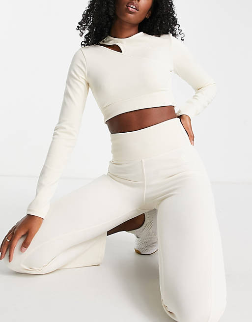 Women adidas Training Hyperglam cropped cut out long sleeve top in cream 