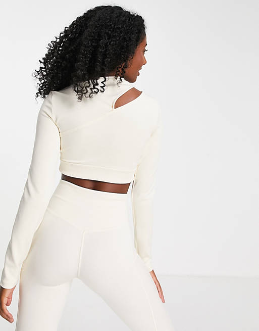 Women adidas Training Hyperglam cropped cut out long sleeve top in cream 