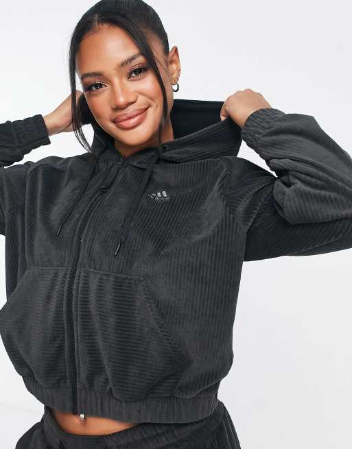 adidas Training Hyperglam cropped velour hoodie in black | ASOS
