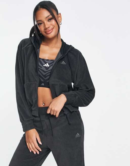 adidas Training Hyperglam cropped velour hoodie in black