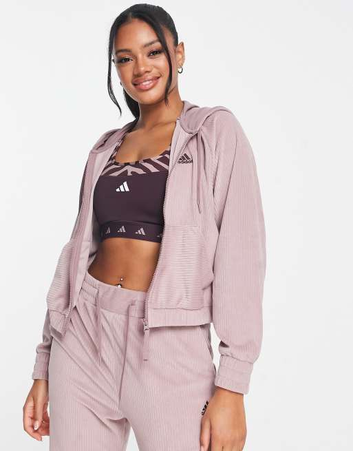 adidas Training Hyperglam cropped velour hoodie in light pink