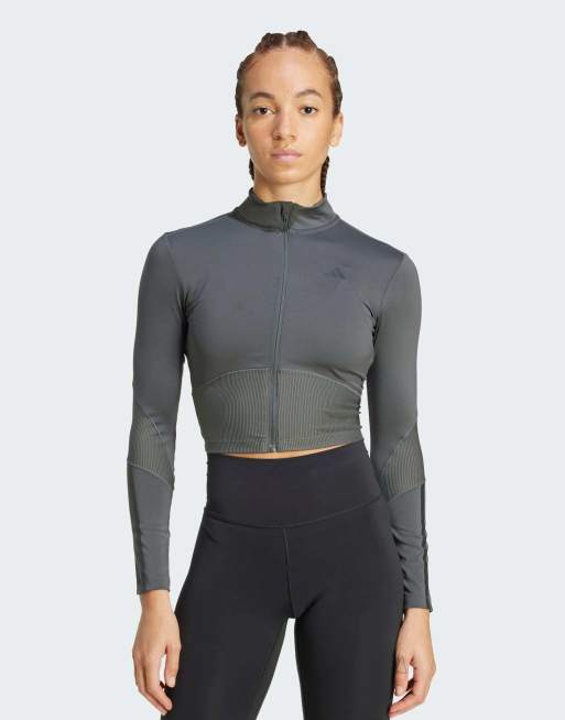 adidas Training – Hyperglam – Eng anliegendes, geripptes Oberteil mit durchgehendem Reißverschluss, in Grey Six und Schwarz , 2 von 4