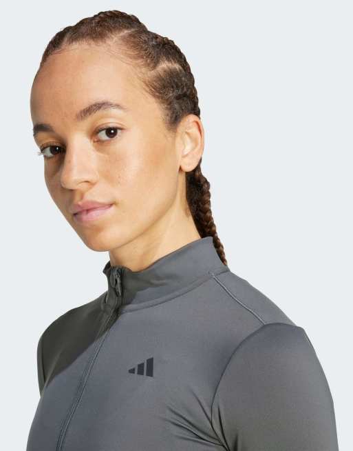 adidas Training – Hyperglam – Eng anliegendes, geripptes Oberteil mit durchgehendem Reißverschluss, in Grey Six und Schwarz , 3 von 4