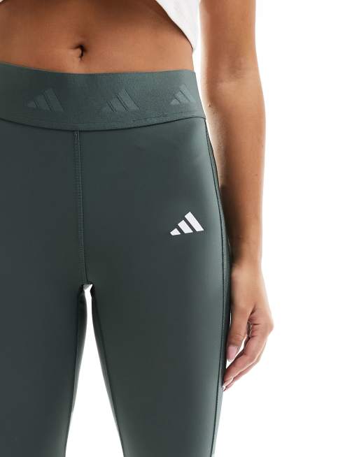 adidas Training Hyperglam full length leggings with high shine contrast panels in green, 3 of 5