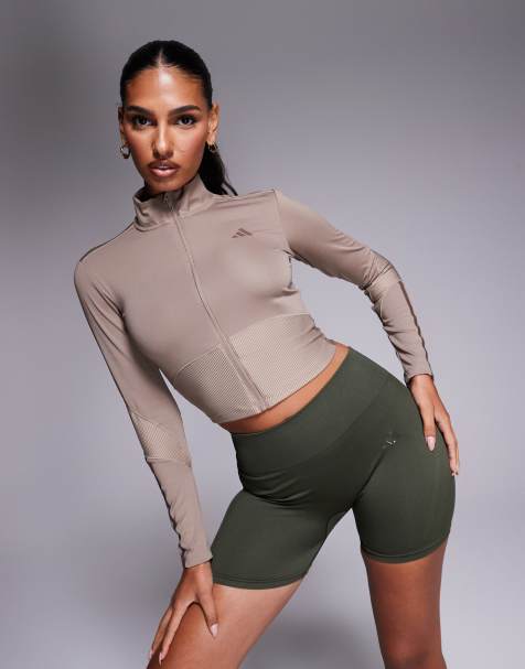 adidas Training – Hyperglam – Geripptes Jacke in Kreidebraun mit Reißverschluss - view 1