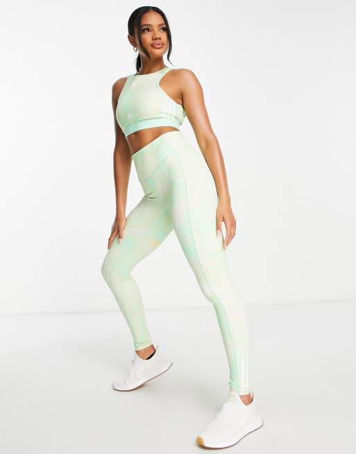 adidas Training Hyperglam light support sports bra in green marble print