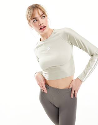 adidas Training Hyperglam long sleeve crop top in beige