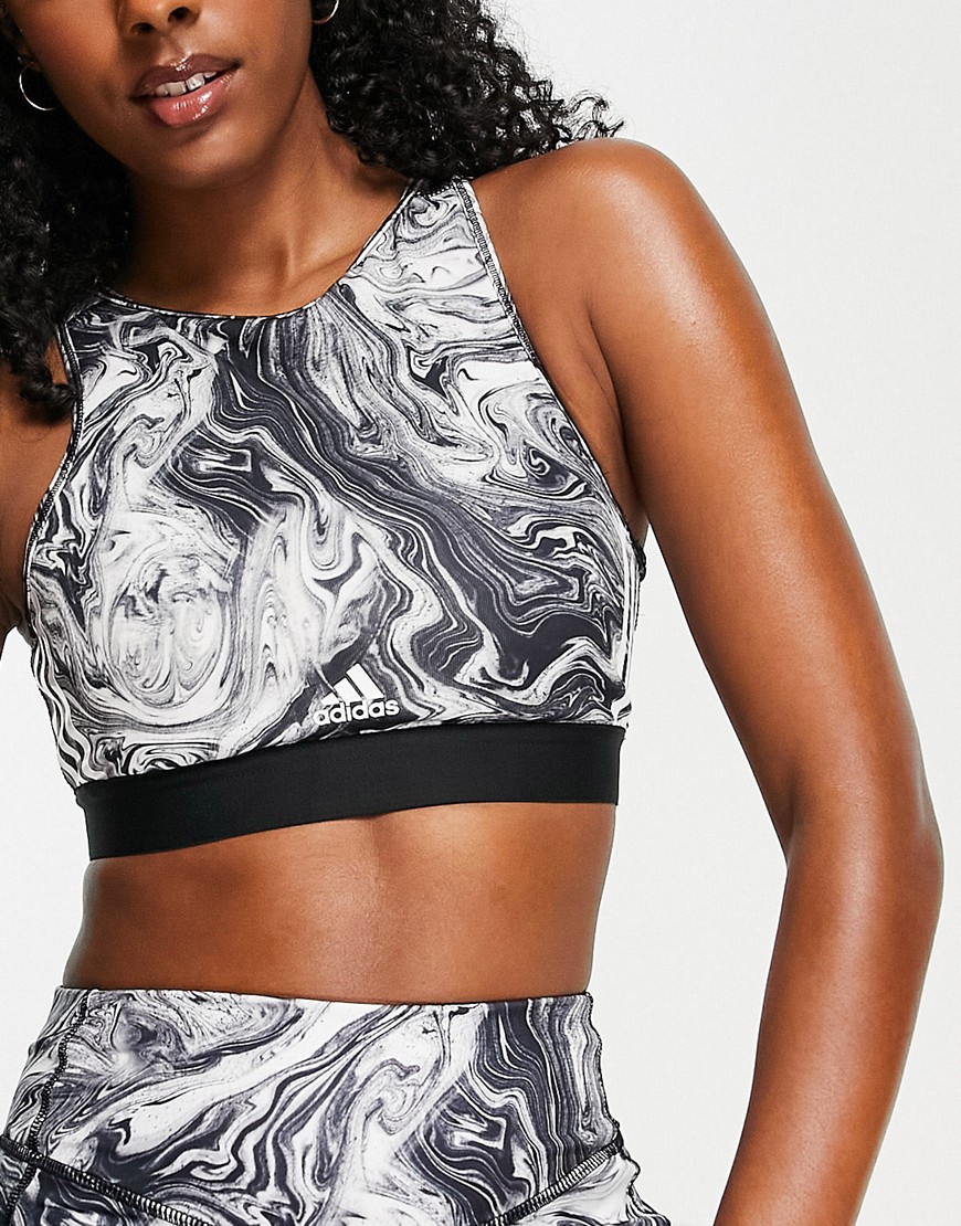 adidas Training Hyperglam low support sports bra in black marble print