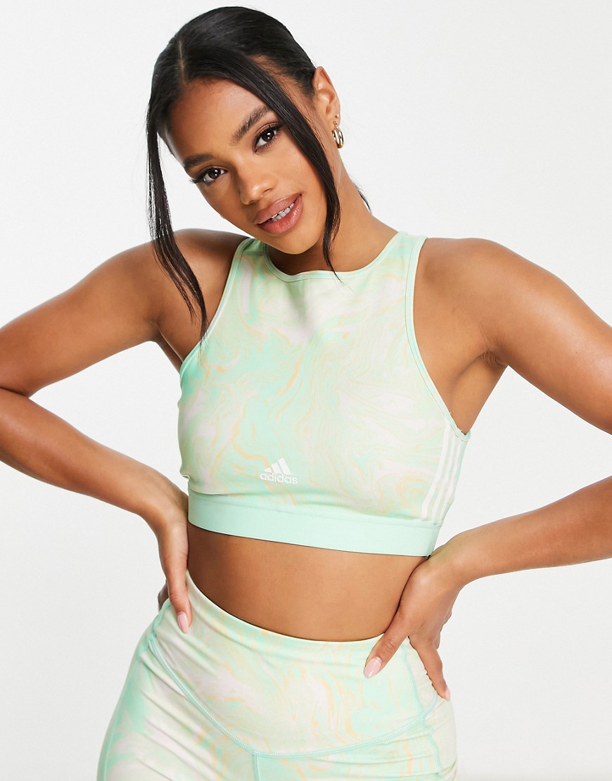 adidas Training Hyperglam low support sports bra in green marble print