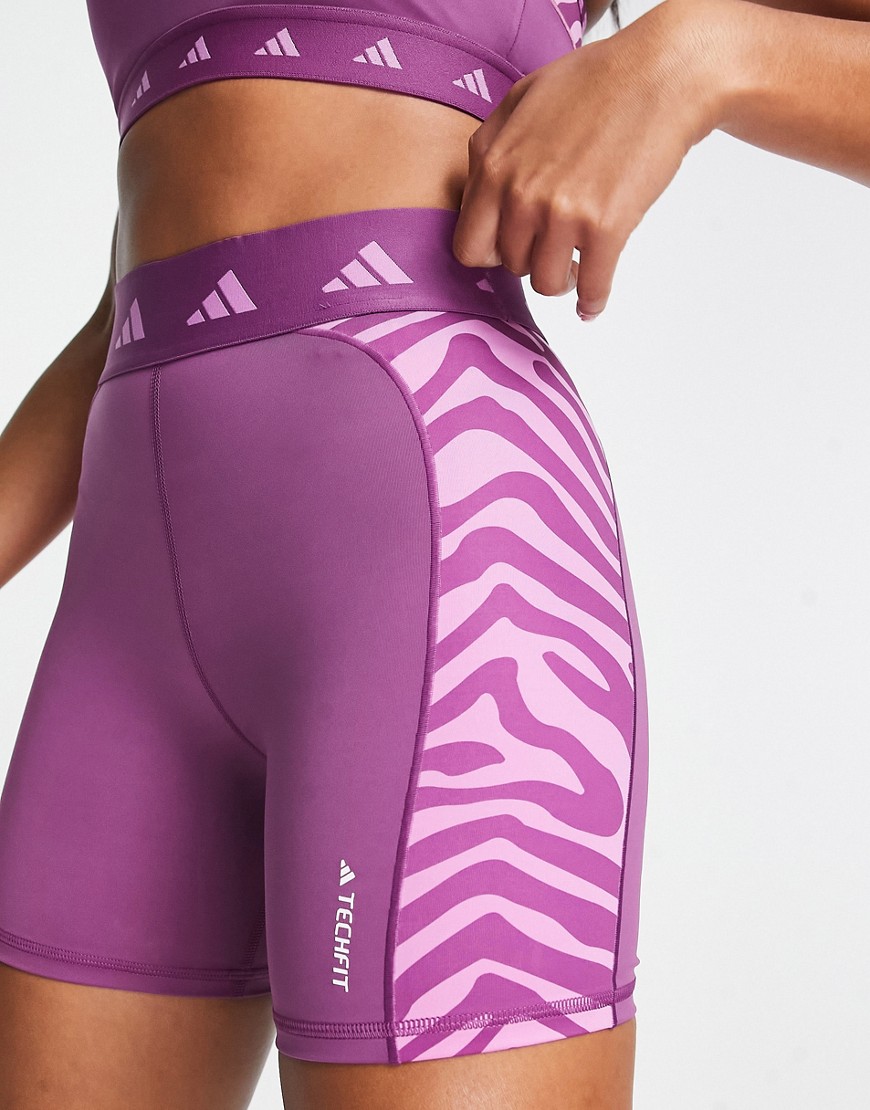 adidas Training Hyperglam panelled zebra print legging shorts in purple
