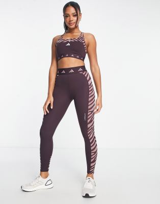 adidas Training Hyperglam panelled zebra print leggings in burgundy-Red