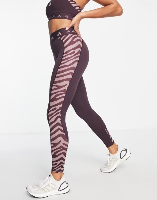 adidas Training Hyperglam panelled zebra print leggings in burgundy