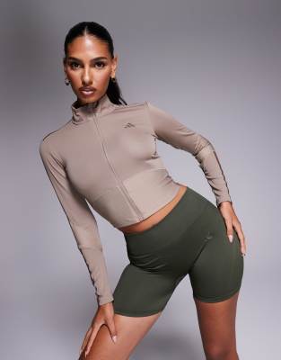 adidas Training Hyperglam rib zip jacket in chalky brown