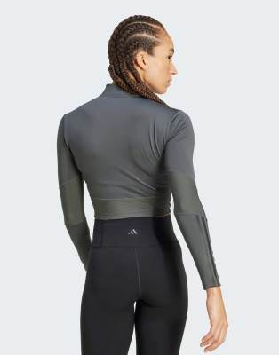 adidas Training Hyperglam rib zip thru cover up in grey six / black