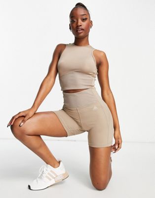 adidas Training Hyperglam ribbed high waisted shorts in brown | ASOS