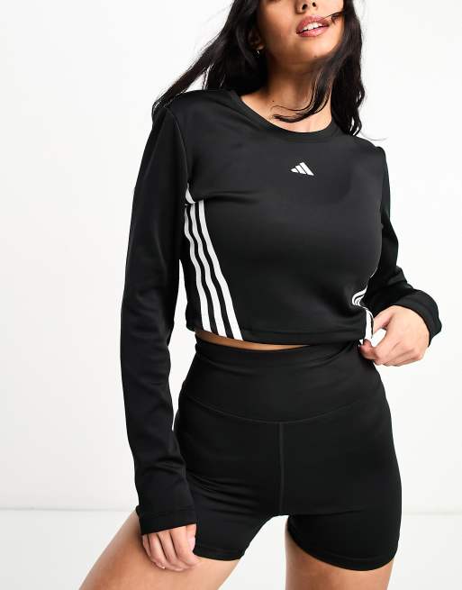 Adidas originals three stripe cropped long sleeve top store in black