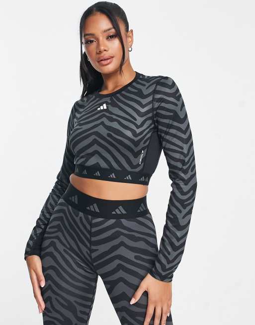 adidas Training Hyperglam zebra print crop top in black