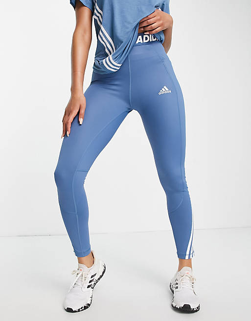adidas Training Icons 3 Stripe leggings in blue
