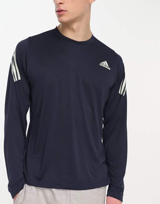 adidas - Training Icons - T-shirt a maniche lunghe con strisce sulle spalle, colore blu navy