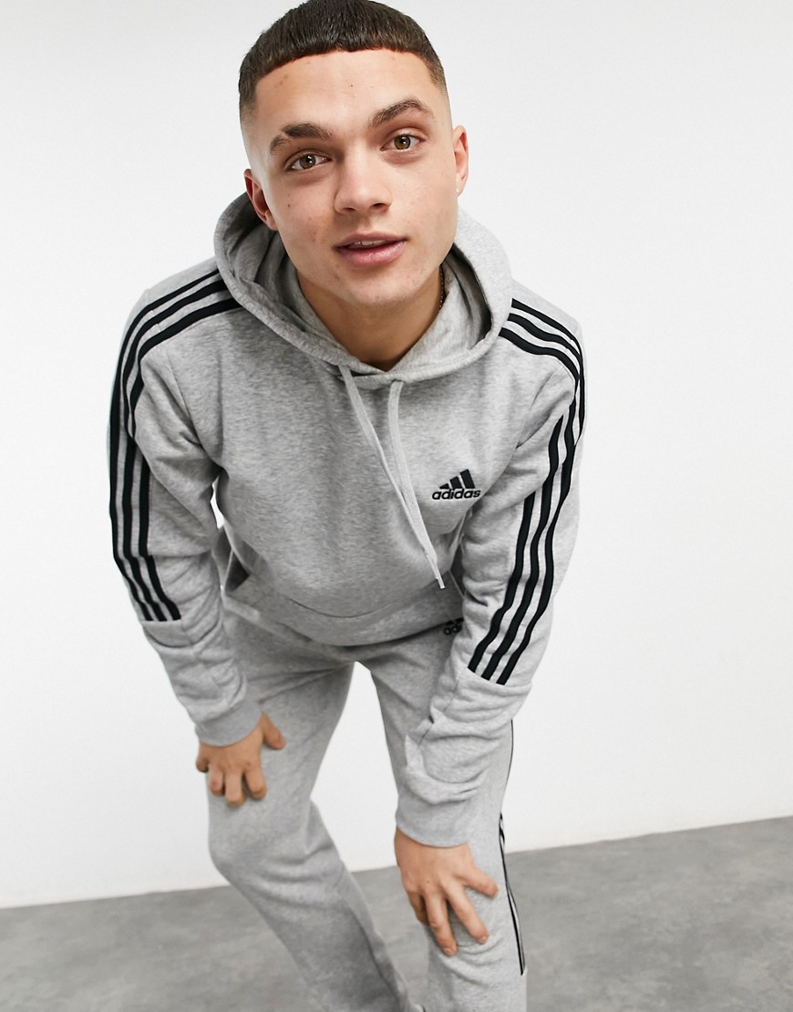 adidas Training – Kapuzenpullover in Grau mit den 3 Streifen günstig online kaufen