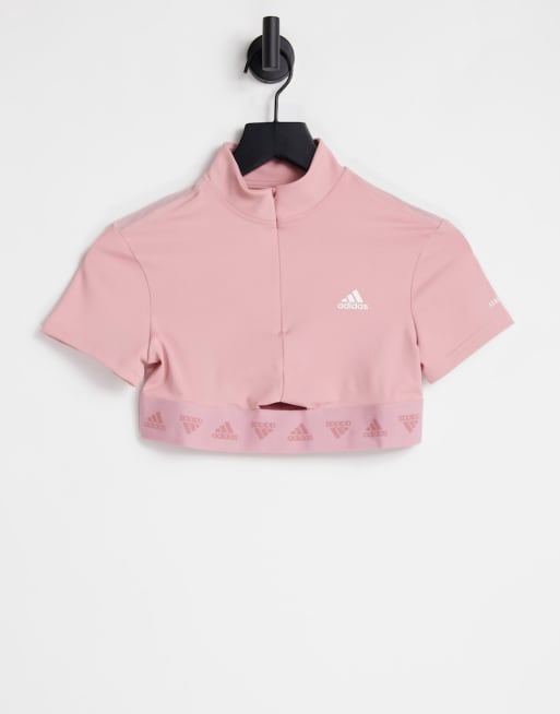 adidas Training – Kurzes T-Shirt in Rosa mit Reißverschluss