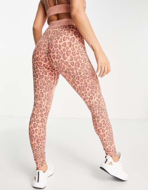 adidas Mesh Insert Activewear Training Tights M Peach Leopard Logo Waist