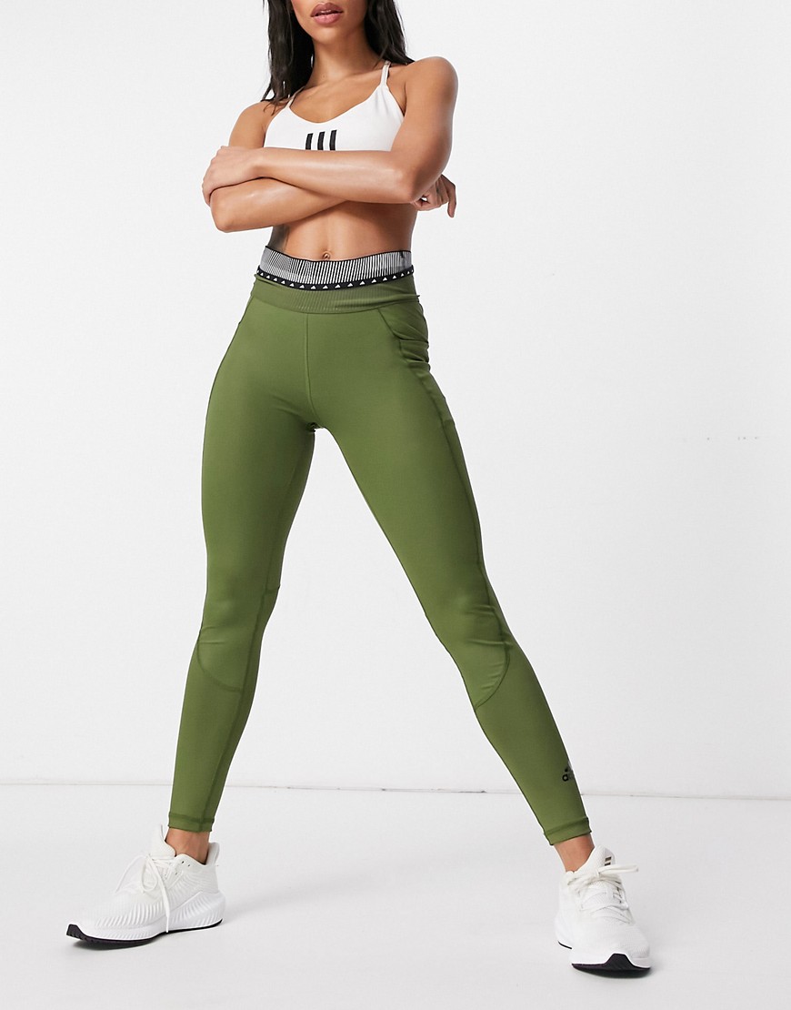 adidas Training leggings with taped logo in khaki-Green