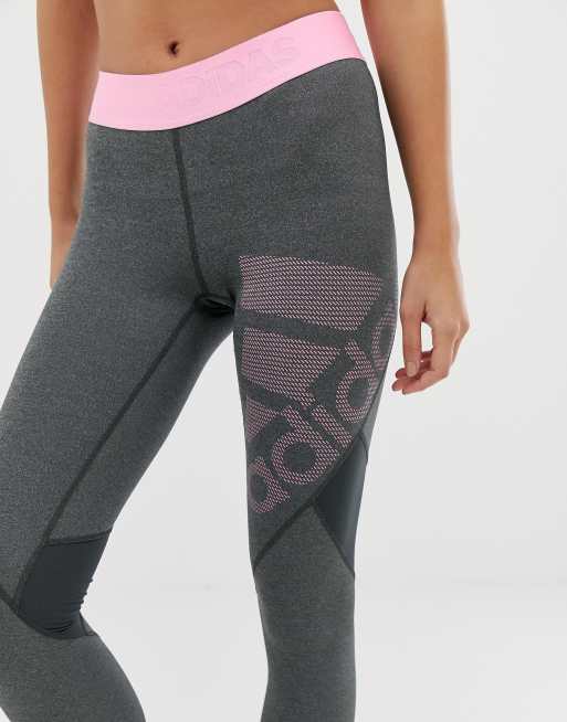 adidas Training logo leggings in grey and pink