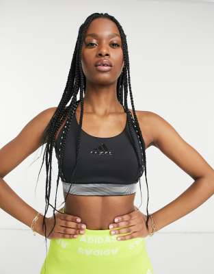 adidas performance adidas Training mid support bra with taped logo in black