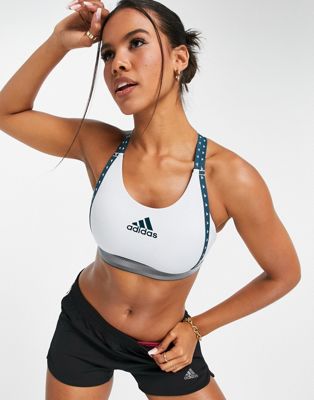 adidas Training mid support bra with taped logo in light blue - ASOS Price Checker