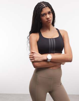 adidas Training mid support sports bra with 3 stripe in black