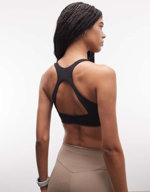 adidas Training mid support sports bra with 3 stripe in black, 2 of 4