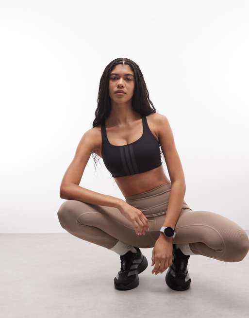 adidas Training mid support sports bra with 3 stripe in black, 4 of 4