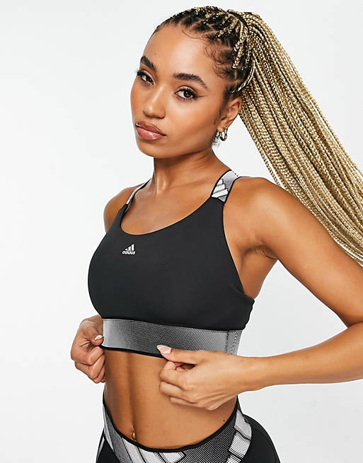 Women adidas Training mid-support sports bra with branded back straps in black 