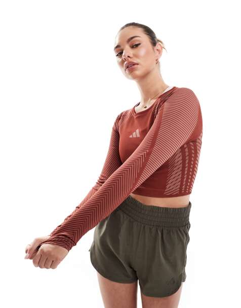 adidas - Training - Naadloze crop top met lange mouwen in bordeauxrood - view 1