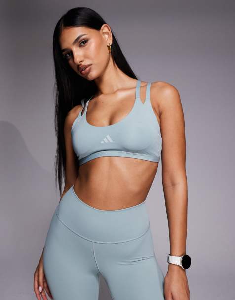 adidas Training Optime double strap light support sports bra in sage - view 1
