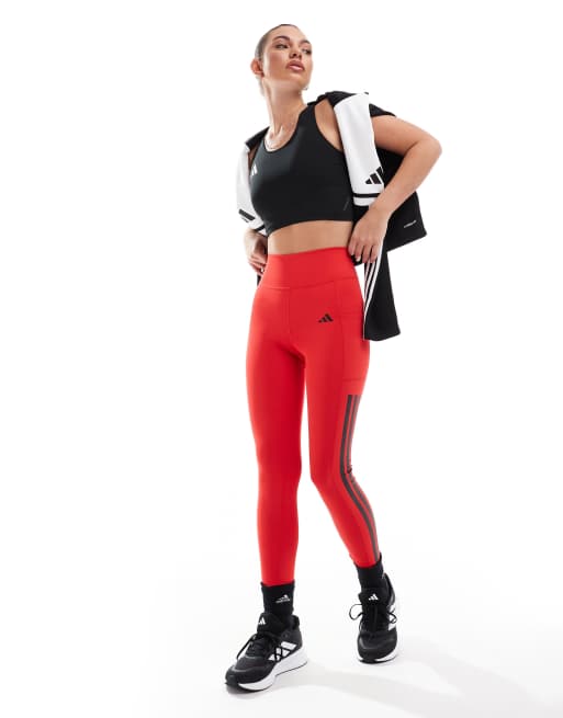 adidas Training – Optime – Lang geschnittene Leggings in Rot mit den drei Streifen