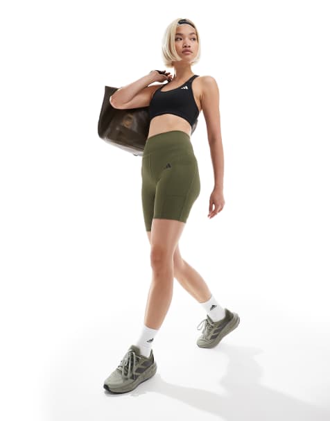 adidas Training Optime ribbed legging shorts with phone pocket in olive green - view 1
